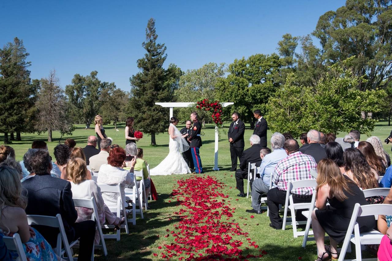 Wedding ceremony seating on the riverfront lawn
