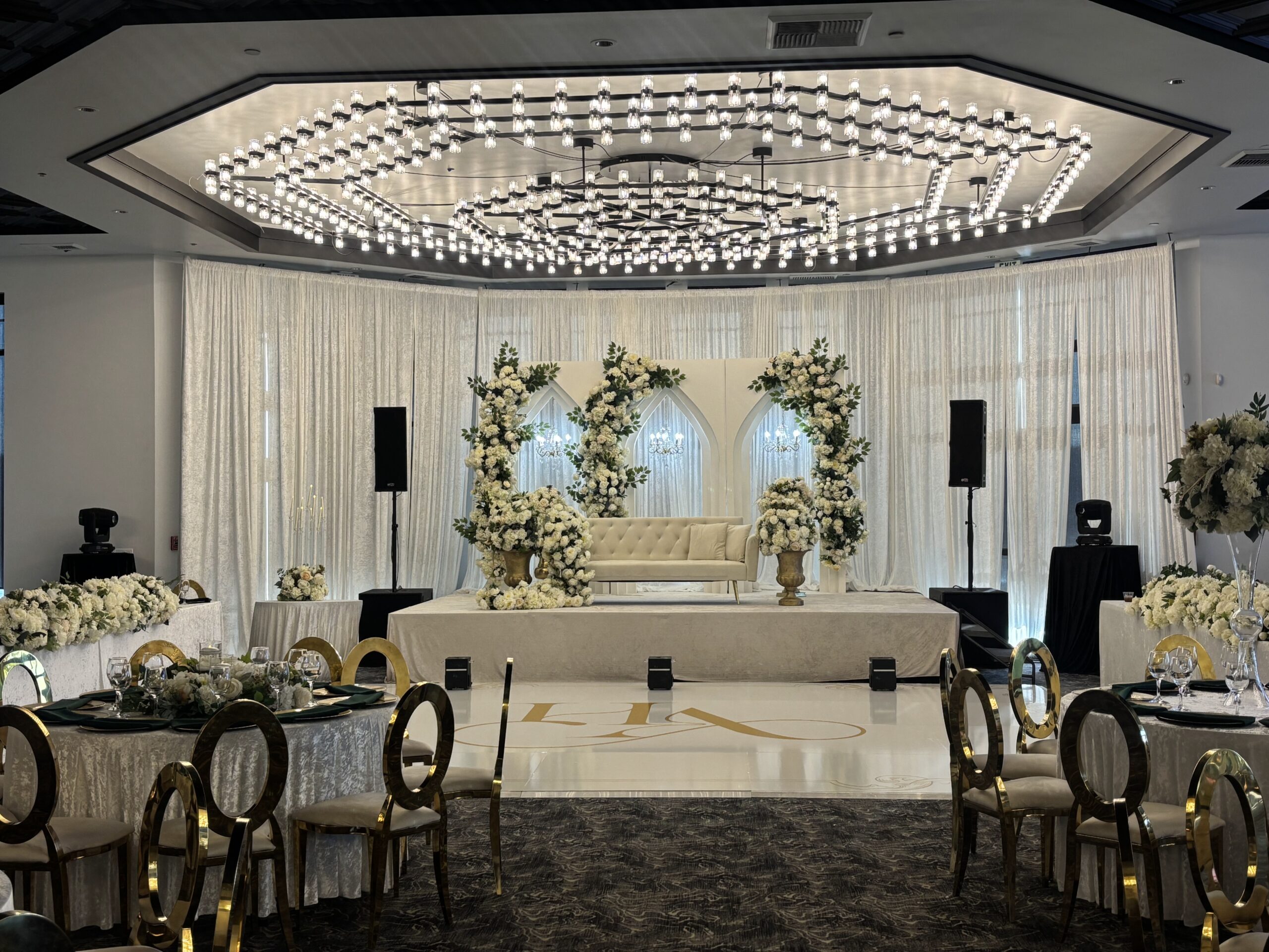 Grand ballroom interior with river views at Waves Banquet