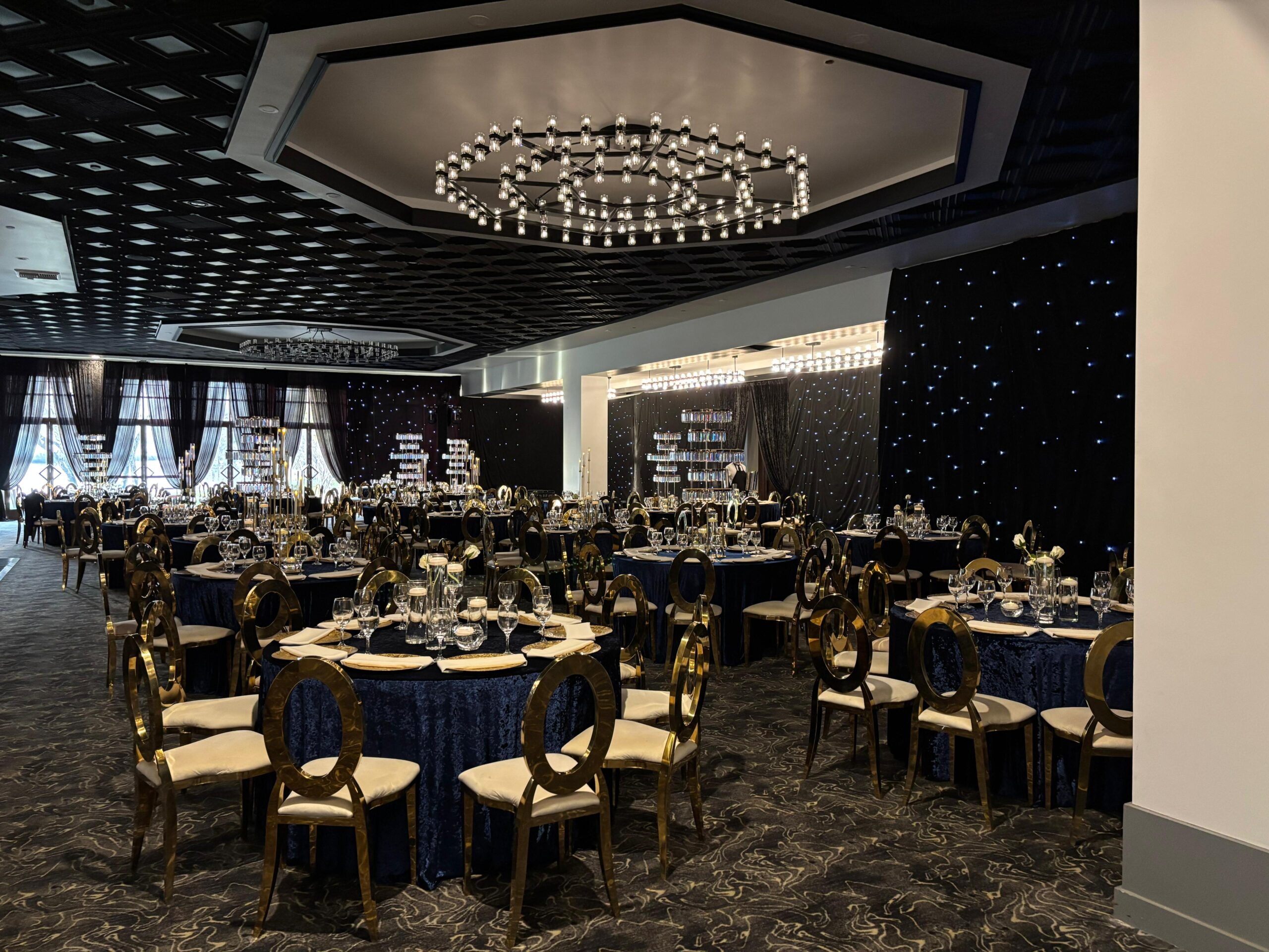 Round tables and chandeliers in the Delta Ballroom